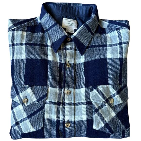 Vintage 70's Sears Navy White Plaid Flannel button down size XL Tall - Picture 8 of 16